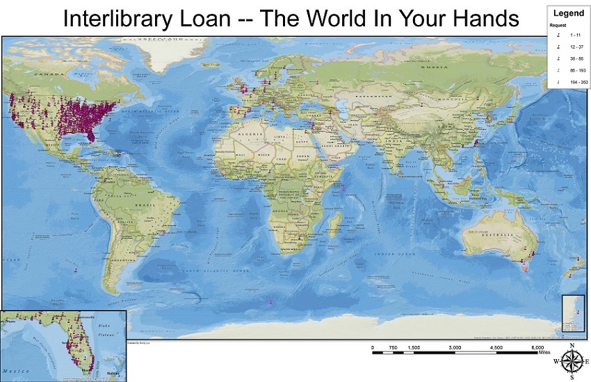 Map of loans via the FAU Interlibrary Loan office