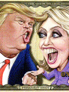 Digital scan of a dollar bill with caricatures of Hillary Clinton arguing with Donald Trump