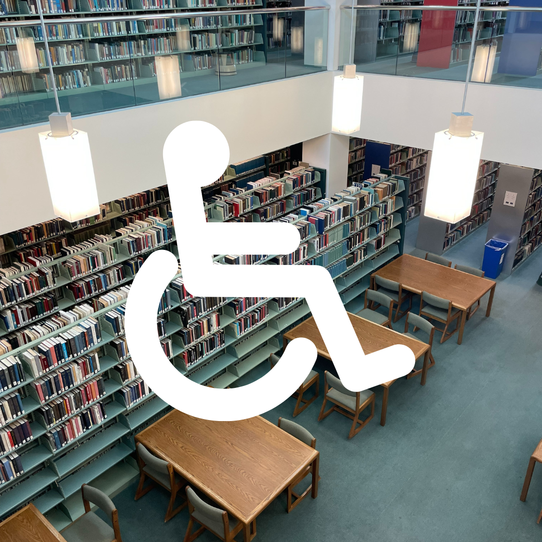 International Accessibility Symbol over a photo of the library