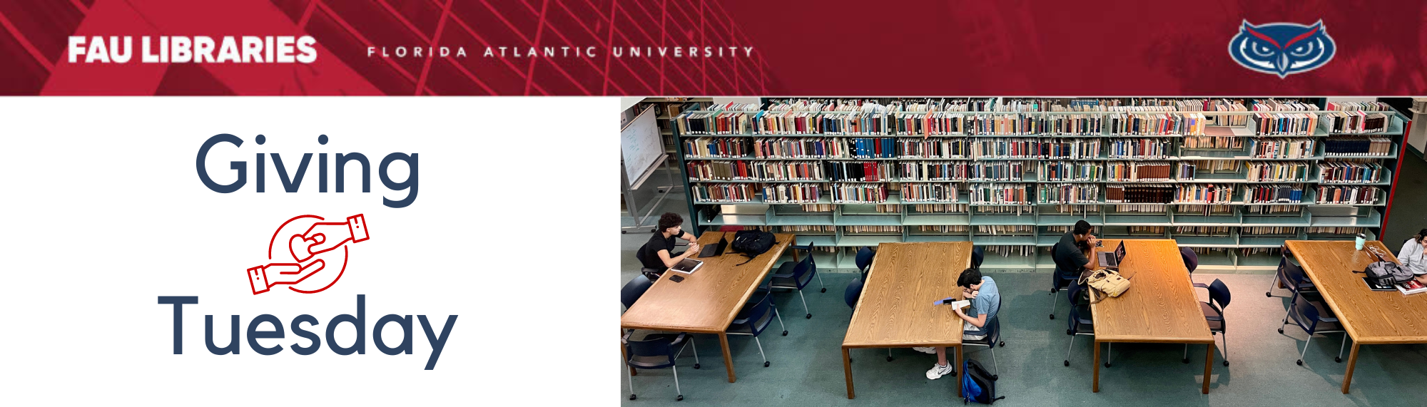 Giving Tuesday at FAU Libraries. Photo - 2nd Floor study area of the Wimberly Library.