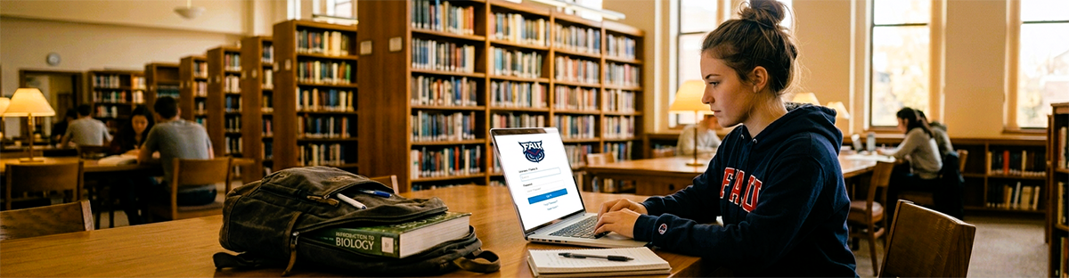Decorative image of a student sitting at a Library