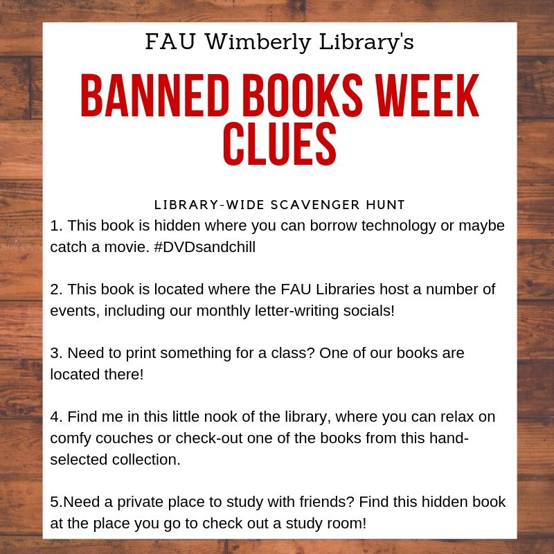 A list of clues for banned book week scavenger hunt