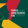 A silhouette of an African American woman's head in green, over red, yellow, and green color blocks, overlayed with text, "Freedom Day. Juneteenth. June 19"