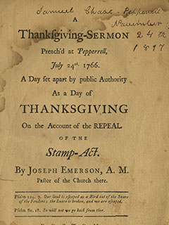 Digital scan of the material, titled: Thanksgiving Sermon on the Repeal of the Stamp Act 1766 