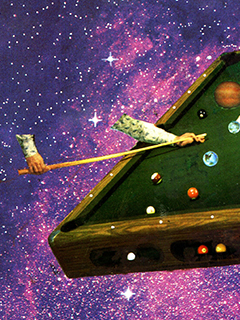 Image of billiards board with the planets as the balls with a background of space